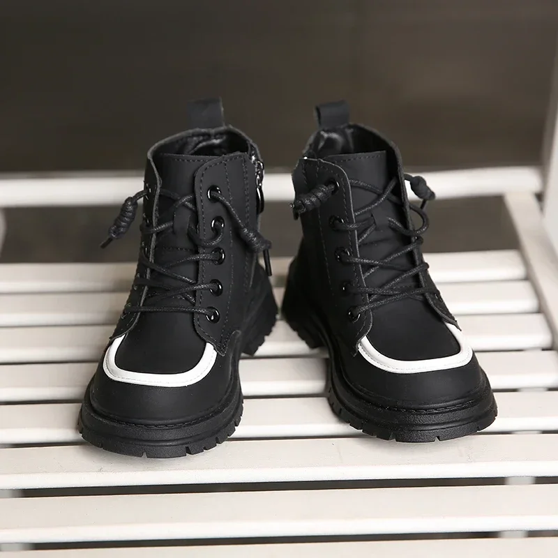 New Children Boots soft leather Handsome Lace-up Trendy Kids Short Boot Matte PU Leather Anti-slip Unisex Boys Girls Shoes 아동구두