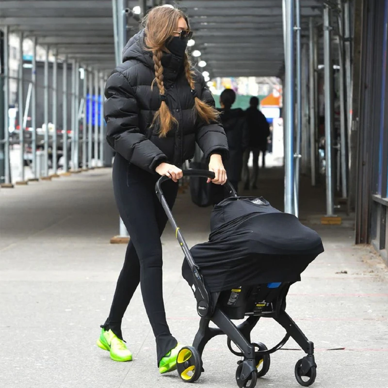 

Black Street Style Gigi Hadid down Cotton Jacket Short Puffer Coat Windproof Shape Cotton Fabric Zipper Closure Long Sleeve