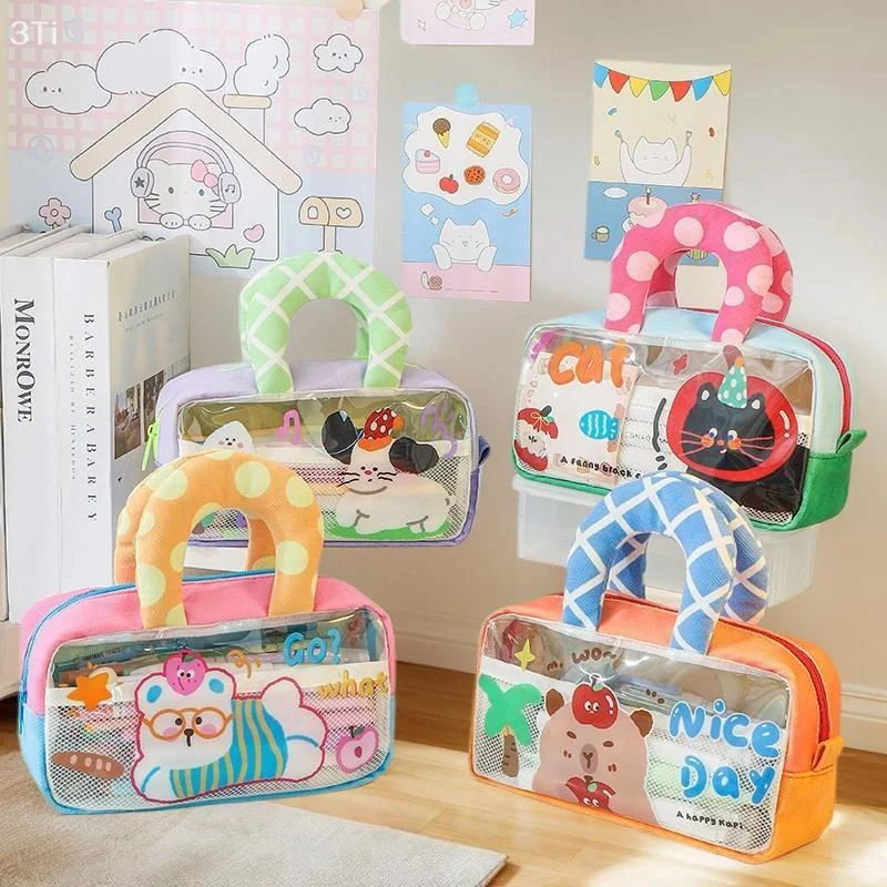 مقلمة ذات سعة كبيرة مع مقابض، حقيبة ظهر صغيرة للأطفال لتنظيم مقصورة المدرسة، رسوم متحركة لطيفة