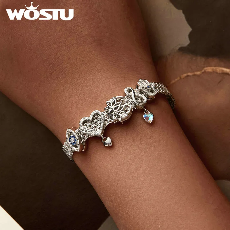 WOSTU Original 925 Sterling Silver Rose Basic Bracelet Flat Chain Bangle Sparkling Zirconia Flower Charm for Women Birthday Gift