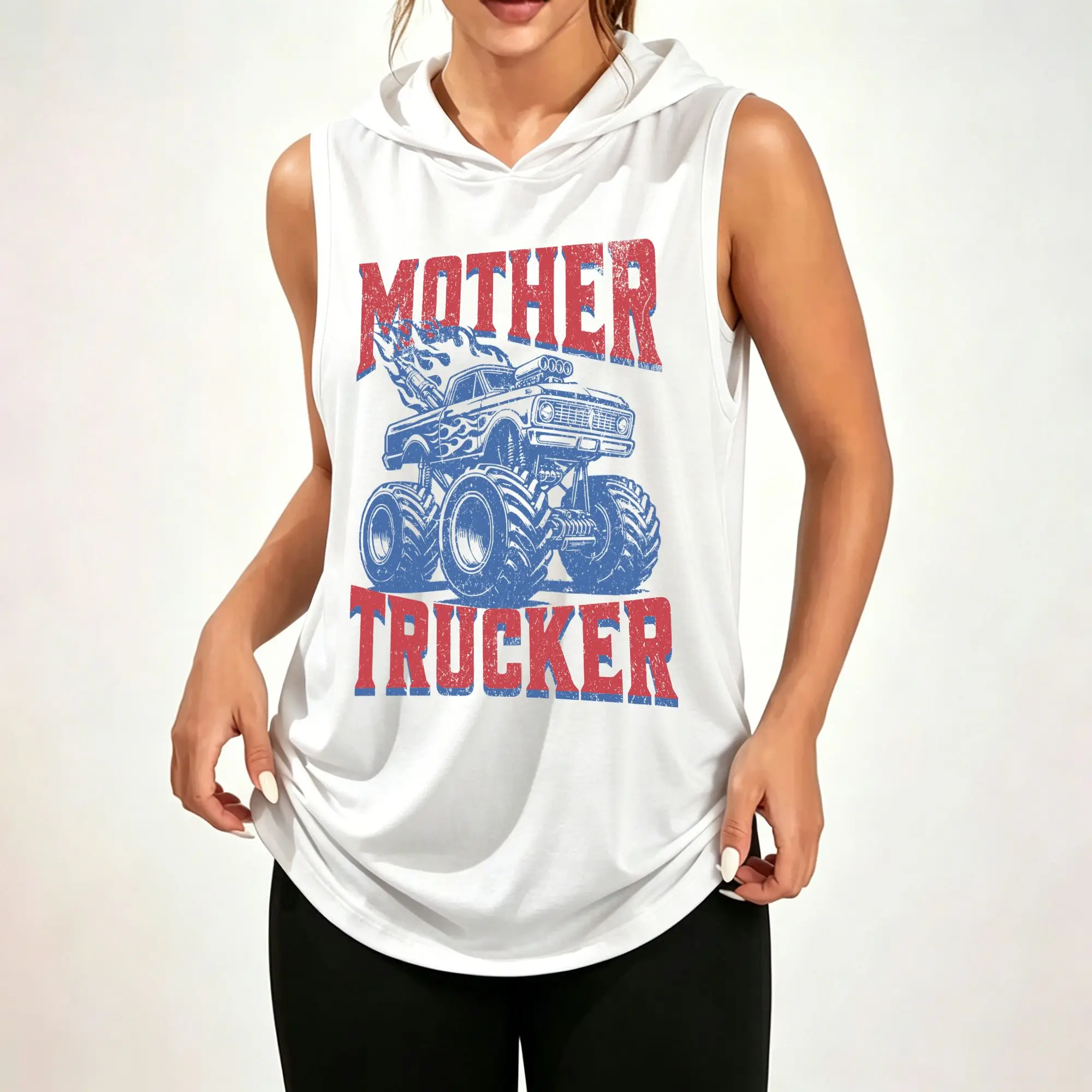 Women Sleeveless Hooded Tank Top Retro Distressed Mother Trucker Monster Truck Graphic Print Casual Hooded Sleeveless Tank Top ****