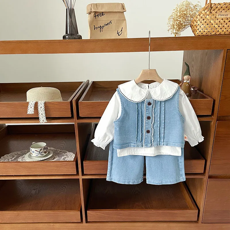 

Spot GoodsQT252016Girls Suit2025Autumn New Denim Vest Shirt Three-Piece Set Trendy