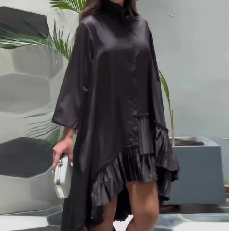

Women's Dress 2025 New Spring Irregular Dress Loose Solid Color Stand Up Collar Pleated Hem Shirt Short Skirt Large Hem Dress