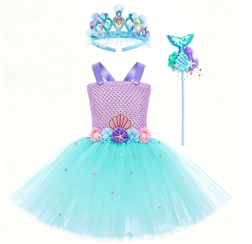 Girls Colorful Mermaid Sparkly Princess Shell Decoration Tutu Dress Summer Beach Theme Party Stage Performance Role Play Outfit