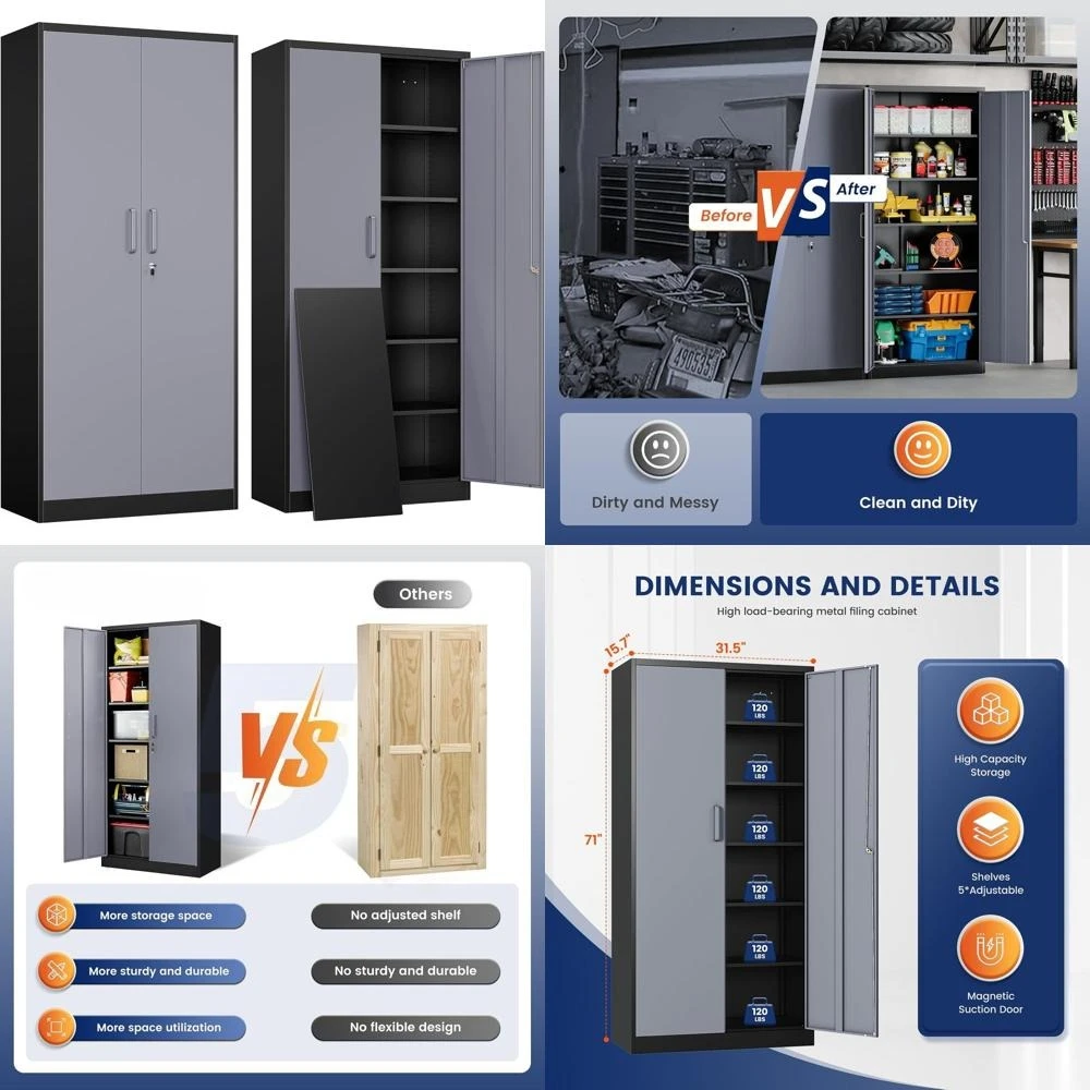 

71" Lockable Steel Storage Cabinet with 2 Doors and 5 Shelves - Ideal for Tools, Office, Home, Garage, Gym, School (Gray Black)