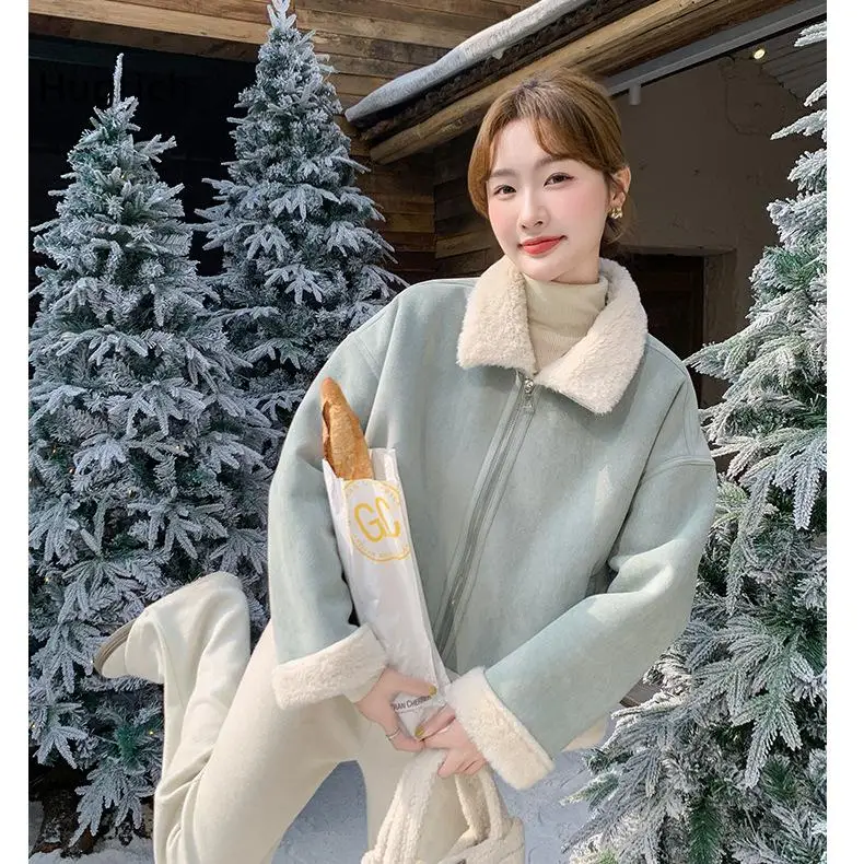 Women Fleece Lined Cropped Jacket Stand Collar Zip Up Suede Texture Outerwear Long Sleeve Loose Fit Coat For Cold Weather
