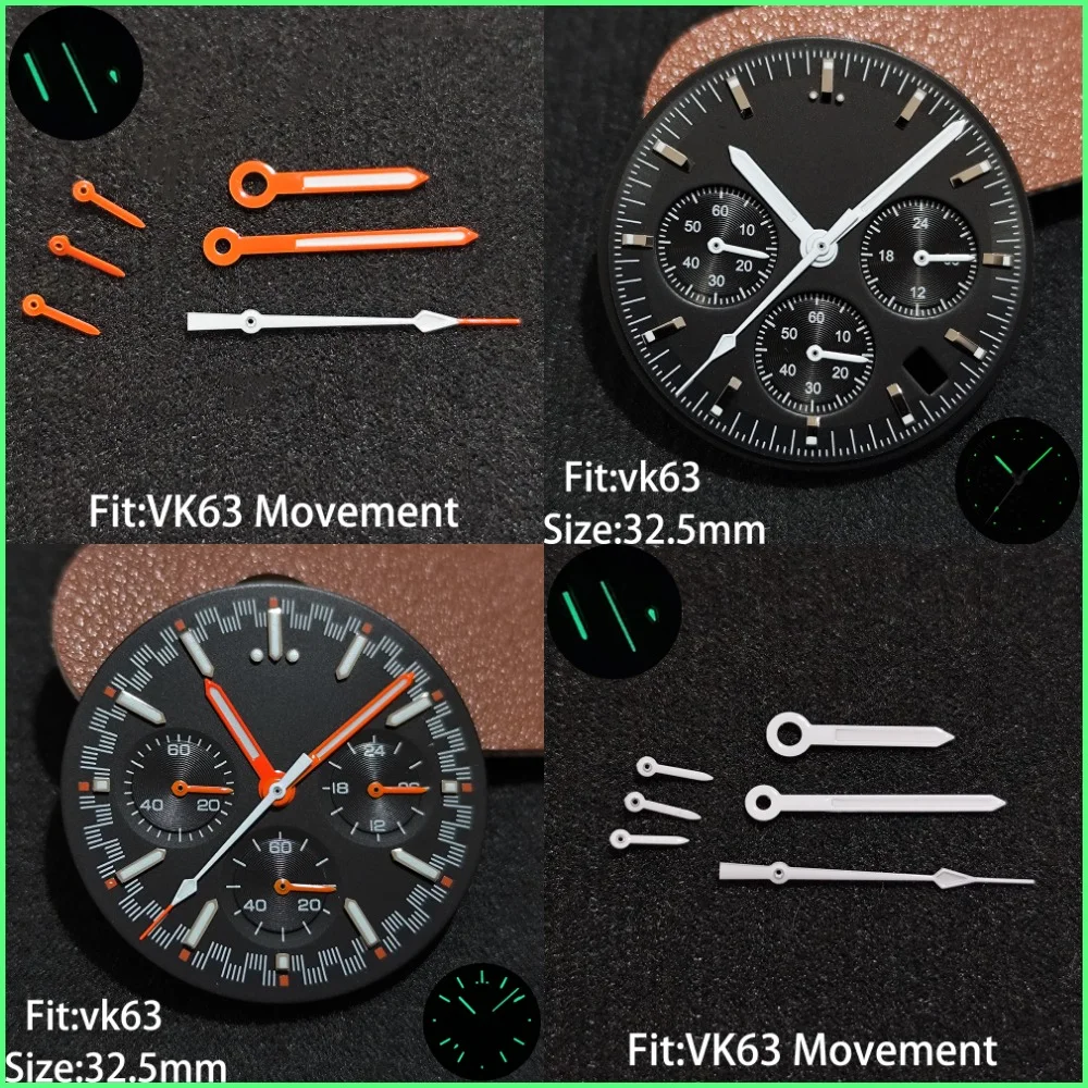 For VK63 32.5mm Dial and Watch Hands Green Luminous Watches Accessories Suitable for VK63 Quartz Movement new Accessory Parts