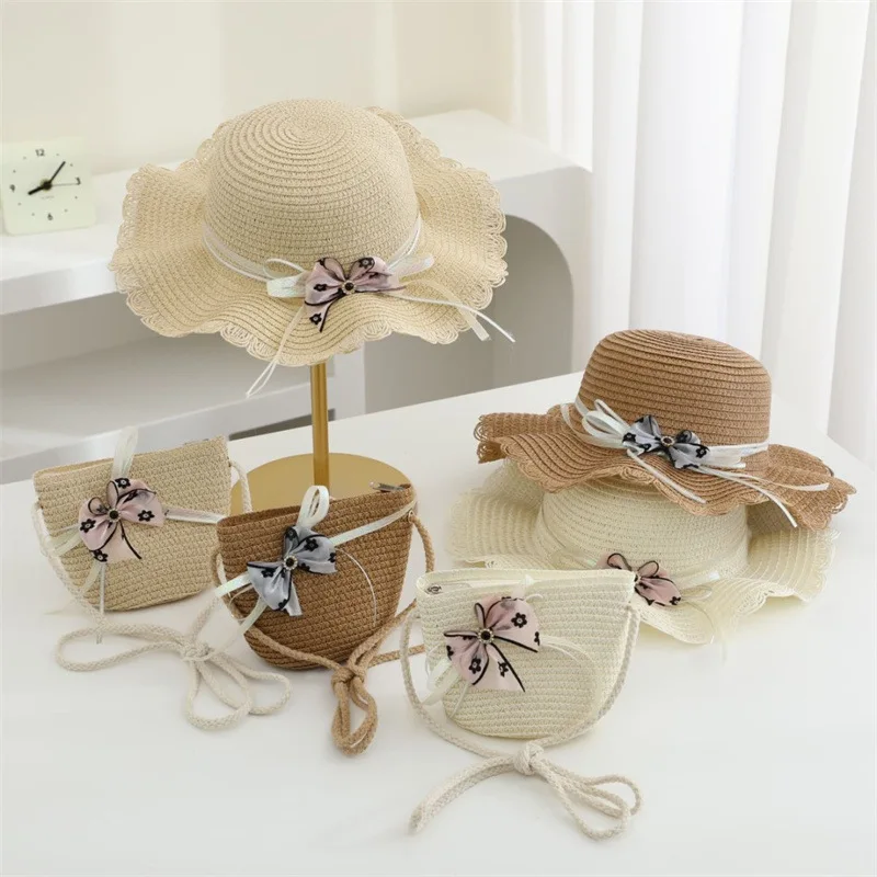 

New 2Pcs Suit Parent-child Version Hat and Shoulder Bag Girls Outdoor Flowers Beach Cap Cute Travel Beach Sun Hat Crossbody Bag