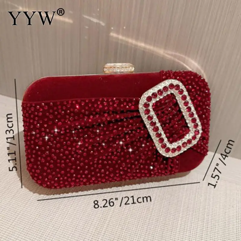 Elegant Soft Velour Women Evening Handbag Glitter Rhinestone Beads Party Cocktail Messenger Purse Metal Chain Crossbody Lady Bag