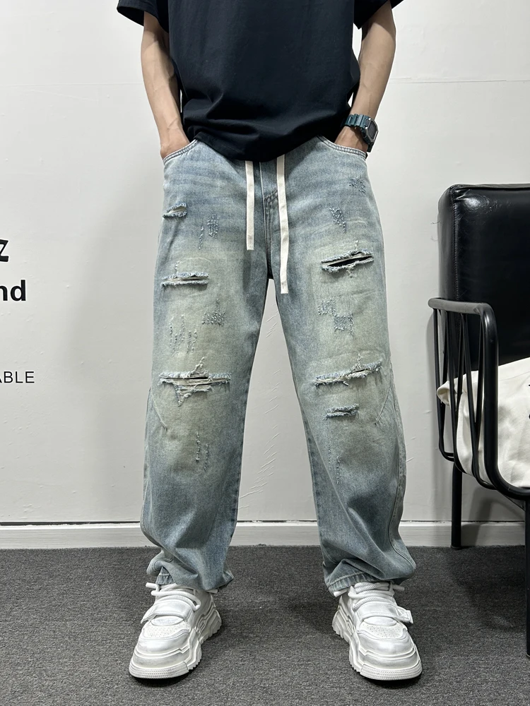 Retro Amerikanische Loch Denim Jeans Männer Sommer Neue Faion High Street Taille Im Freien Messer Hosen Gerade Bein Lose Fit