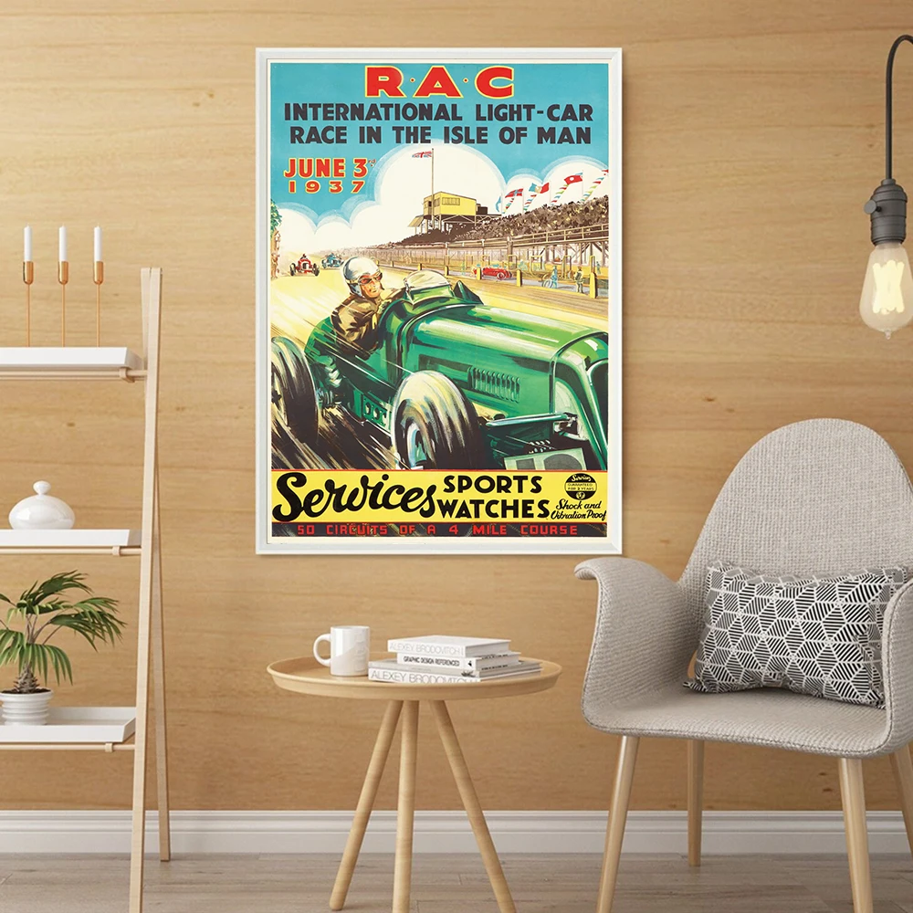 1937 Car Race Isle of Man Vintage Ad Poster, International Light Vehicle Racing Canvas Painting Print, Room Wall Art Decor