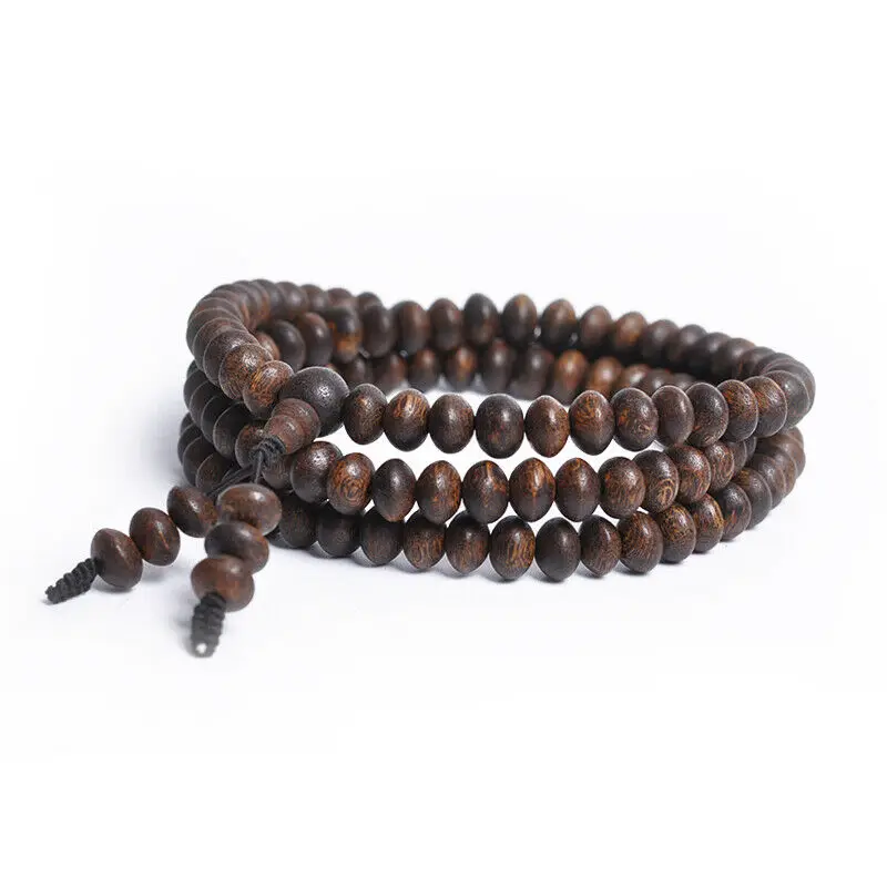 Tibetan Buddhism 108 Malinau Agalwood Wooden FLat prayer Beads Mala Necklace