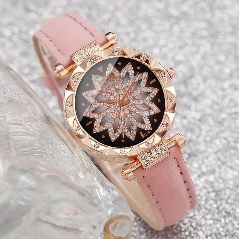 女性用クォーツ時計,PUレザー,合金ポインター,ジュエリーセット,ママ,ガールフレンドへの素晴らしいギフト,7個