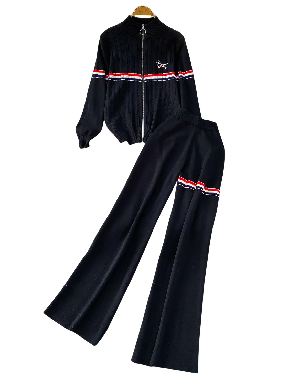 Faionable tricoté brodé fermeture éclair col montant haut et taille haute pantalon à jambes larges femmes automne ensemble coréen Sle rayé