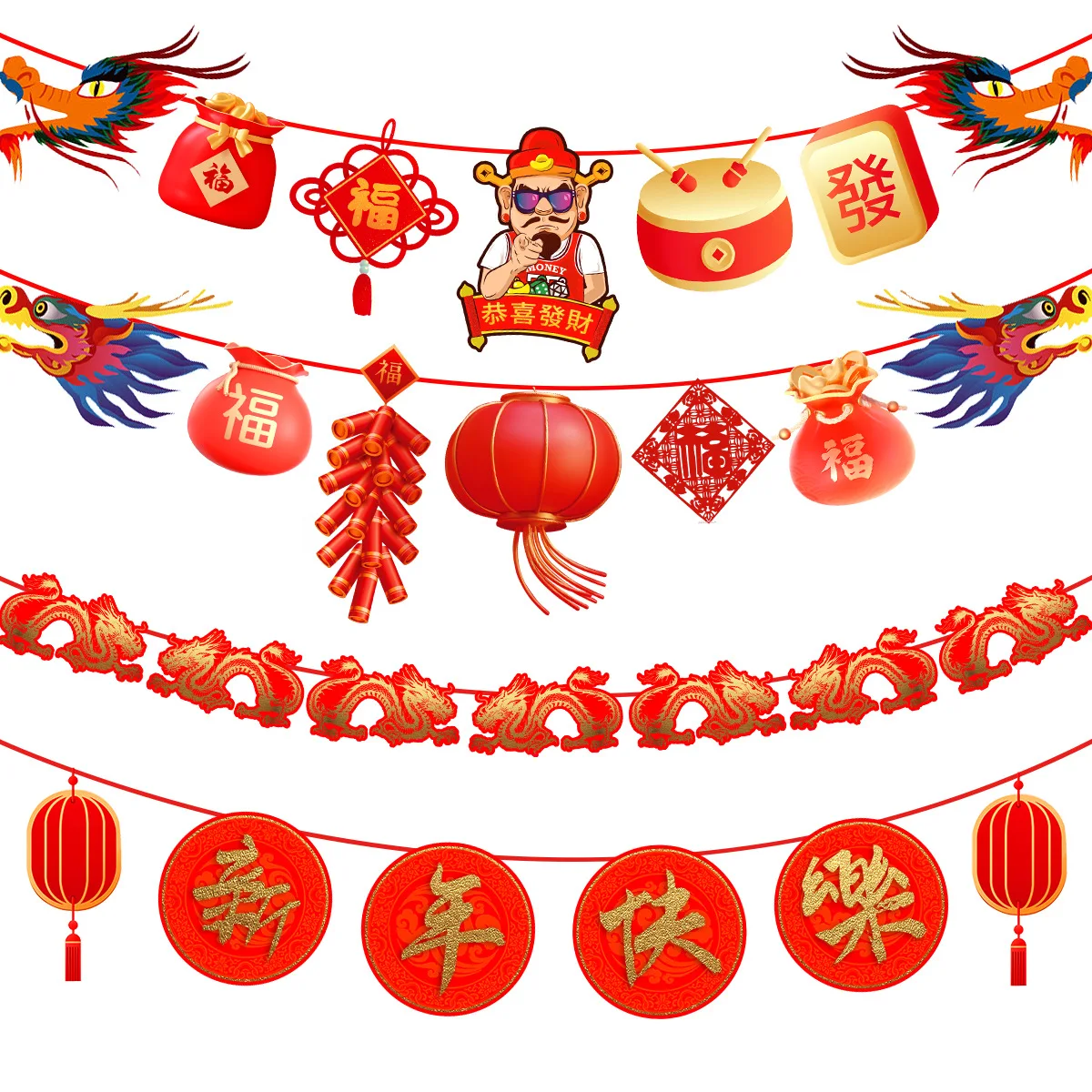 Chinese New Year Decorations 2024 Set Cute Dragon Banner Pulling Flag Happy New Year Party Cake Topper For Kids Home Decoration