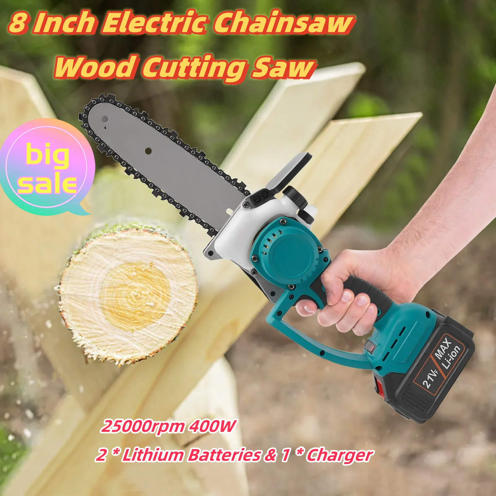 8 Inch Electric Chainsaw Wood Cutting Saw Without Cable 25000rpm 400W 2 * Lithium Batteries & 1 * Charger