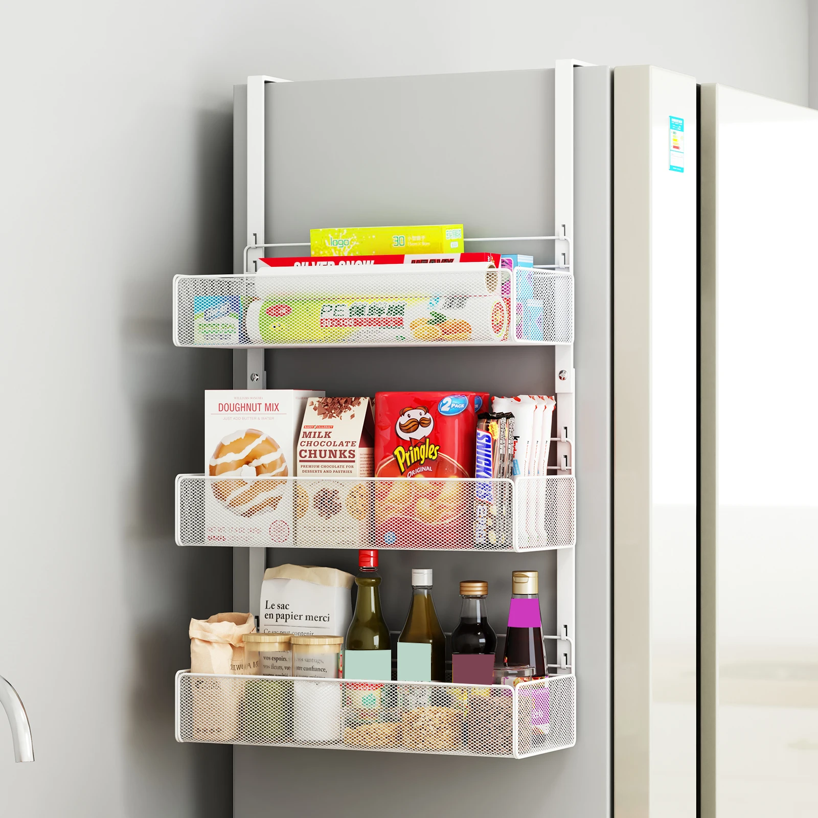 3-teiliges Set Küchen-Kühlschrank-Seitenablage Hängekörbe, Bohrfreie Seitenmontage für Frischhaltefolie, Müllbeutel, Gewürzflaschen-Aufbewahrungsregal Wandmontage-Körbe für die Seite des Kühlschranks