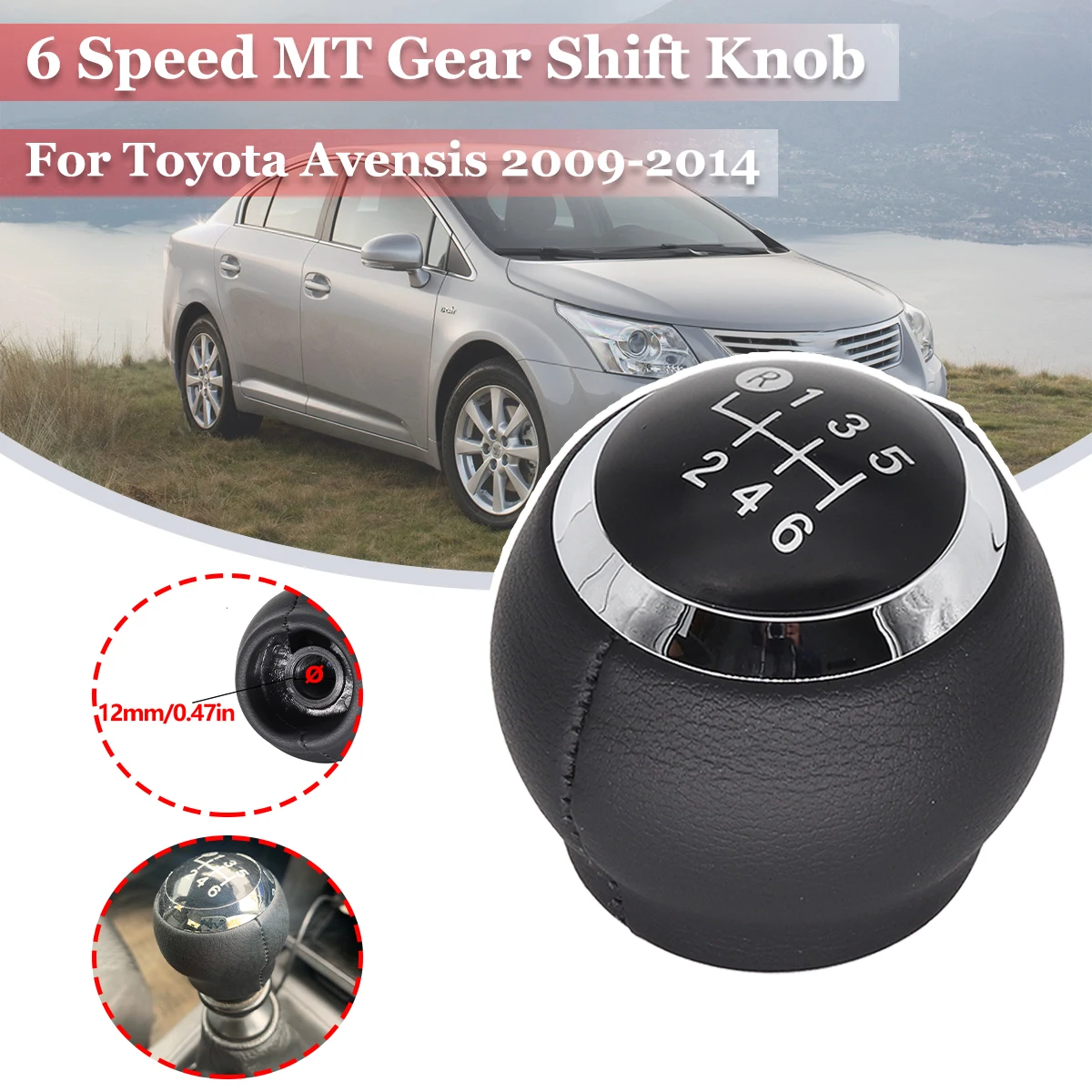 

6 Speed MT Gear Shift Knob GearStick Lever Pen Pu Leather Shifter Handball Chrome M12 Black For Toyota Avensis 2009 2012 -2014