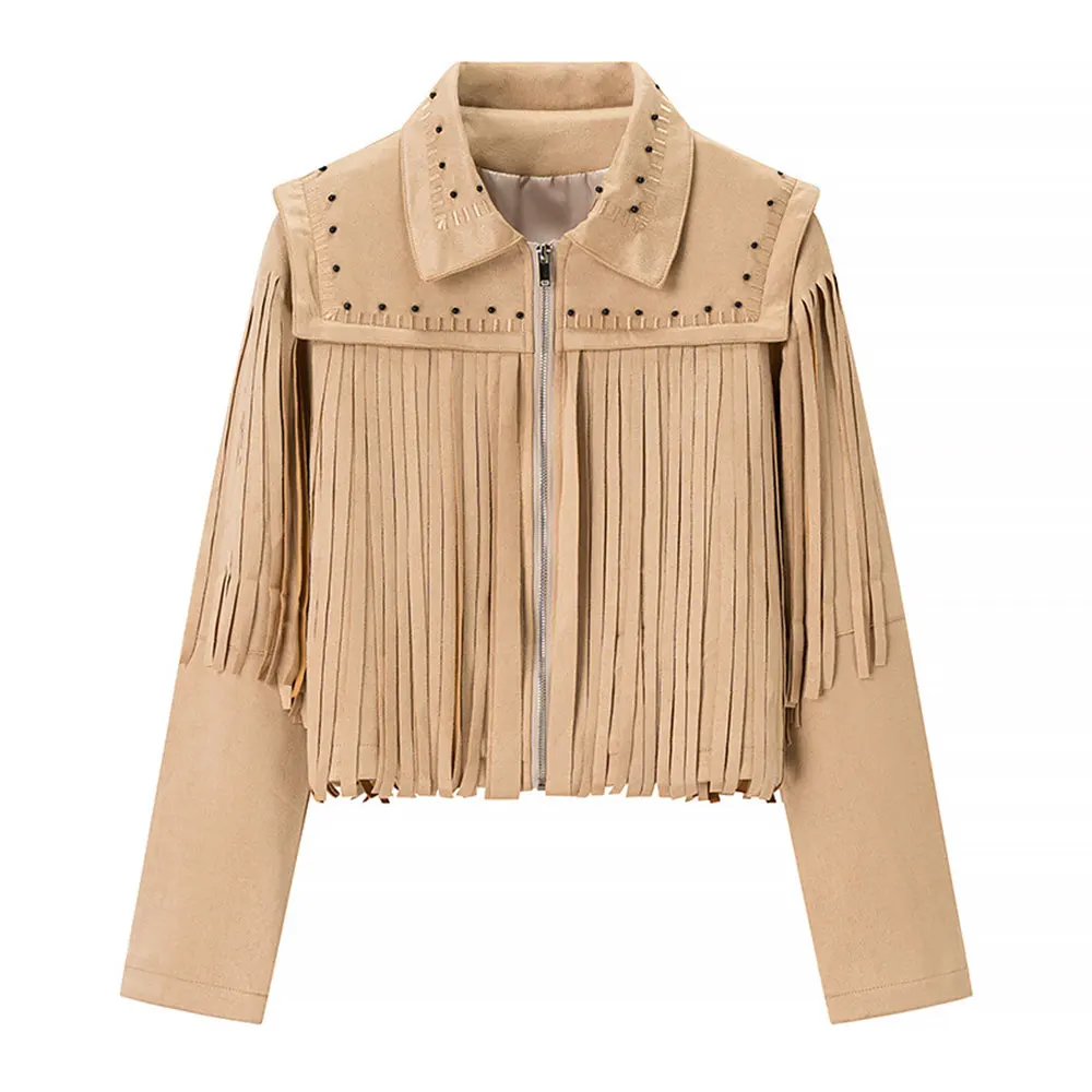 

European And American Style Tassel Detail Imitation Suede PU Leather Jacket for Women Popular Fashion Outerwear