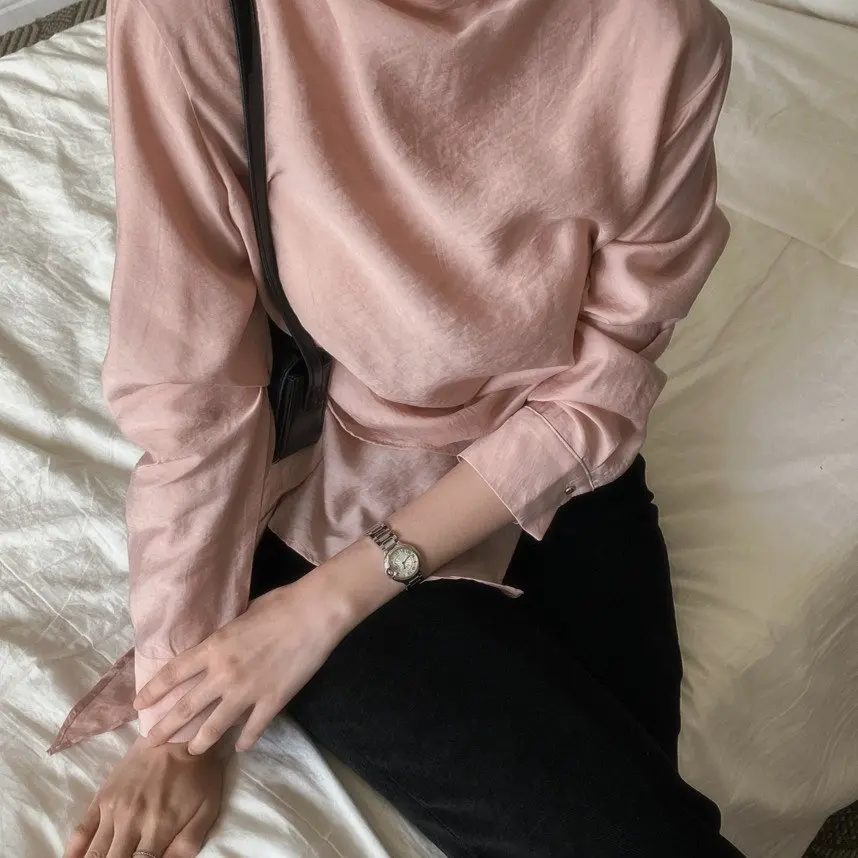 

Spring 2025 Chic Vintage Texture Long Sleeve Shirt Women's Fashion Tie Waist Open Design Polyester Fiber 100% Ladies Top