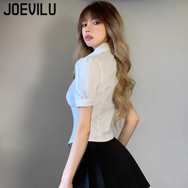 JOEVILU Cute Shirt Women\'s Tie Bubble Short Sleeved Crop Top Summer Skinny Y2k Tops Japanese Academy Style T-shirt Slim Fit Tee