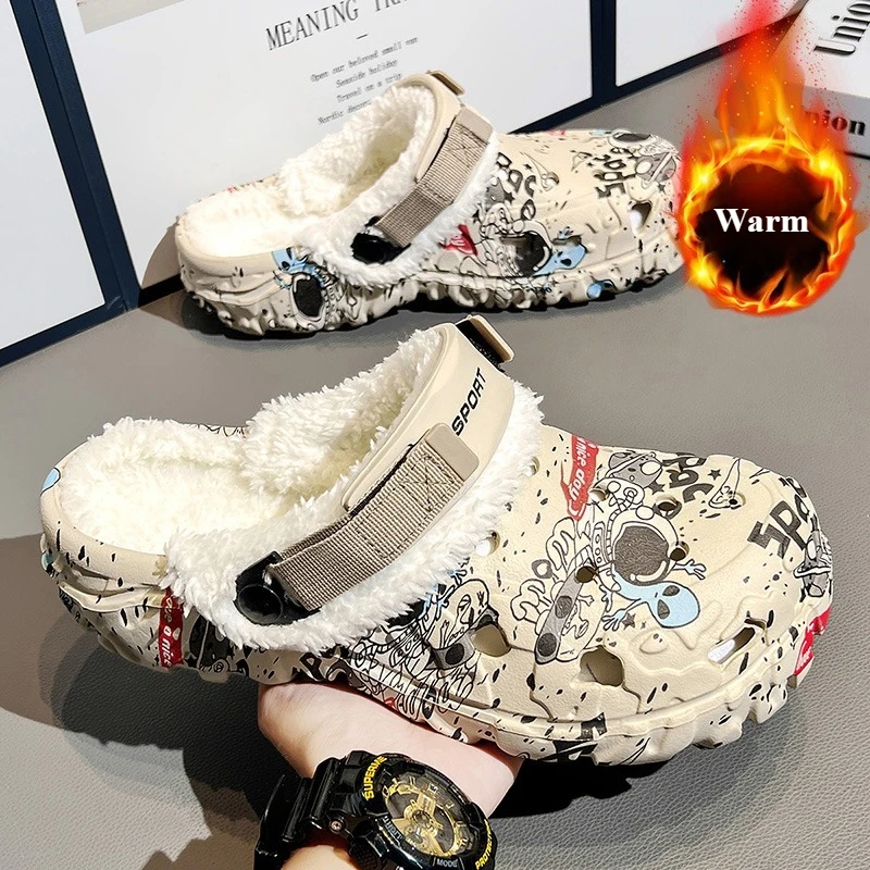 Image of Winter-Herren-Hausschuhe, weiche Indoor-Damen-Hausschuhe, Sommer-Sandalen mit abnehmbarem Futter, rutschfeste Plüschfell-Clogs, große Größen, Hausschuhe Größe 47