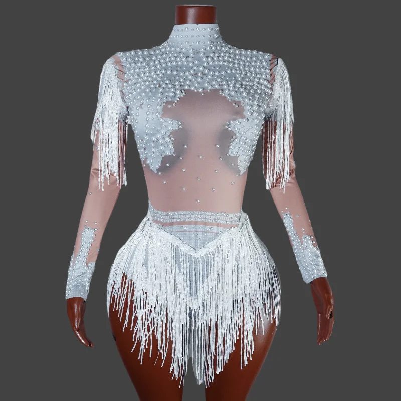 

Sparkly Gold White Fringe Rhinestone Stretch Bodysuits For Women Stage Performance Group Bar Party Singer Drag Queen Clothing