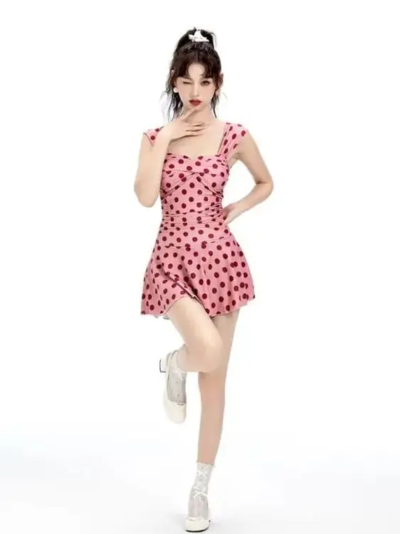 Swimsuit Women Spice Girl Conservative Retro Polka Dot One-piece Skirt Covered Flesh Thin Sexy Sweet Spa Swimwear Small Breasts