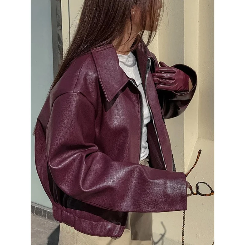 Elegant Burgundy Faux Leather Jackets Women Fashion Lapel Zipper Long Sleeve Female Coats 2024 Autumn Winter Lady Street Outwear