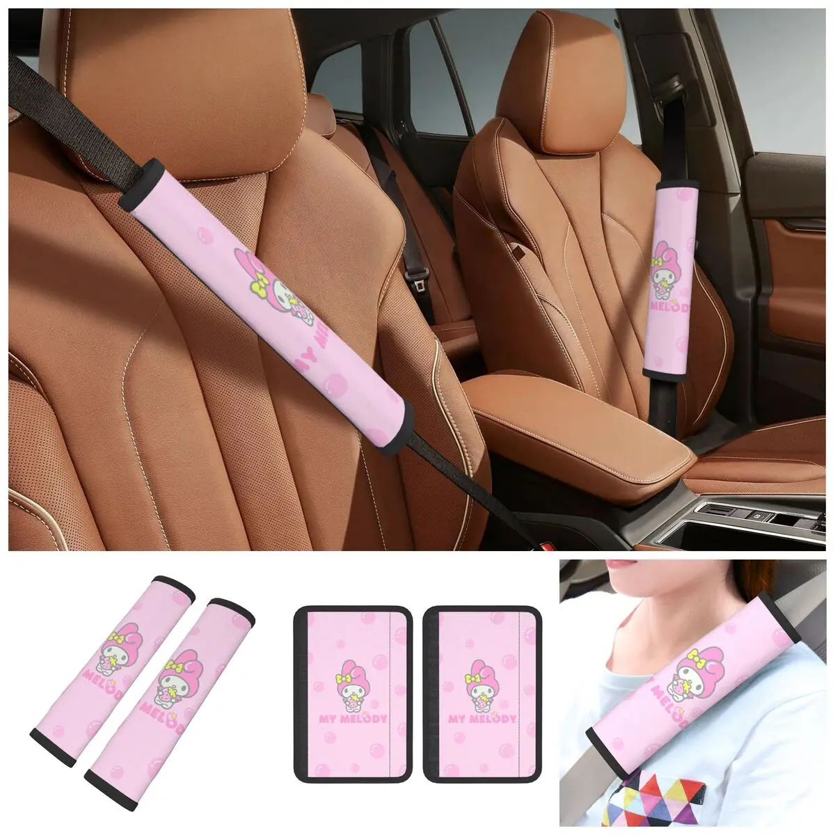 Sanrio My Melody Cute Soft Auto Seat Belt Cover for a More Comfortable Driving 2 PCS Seatbelt Shoulder Pad for All Cars Trucks