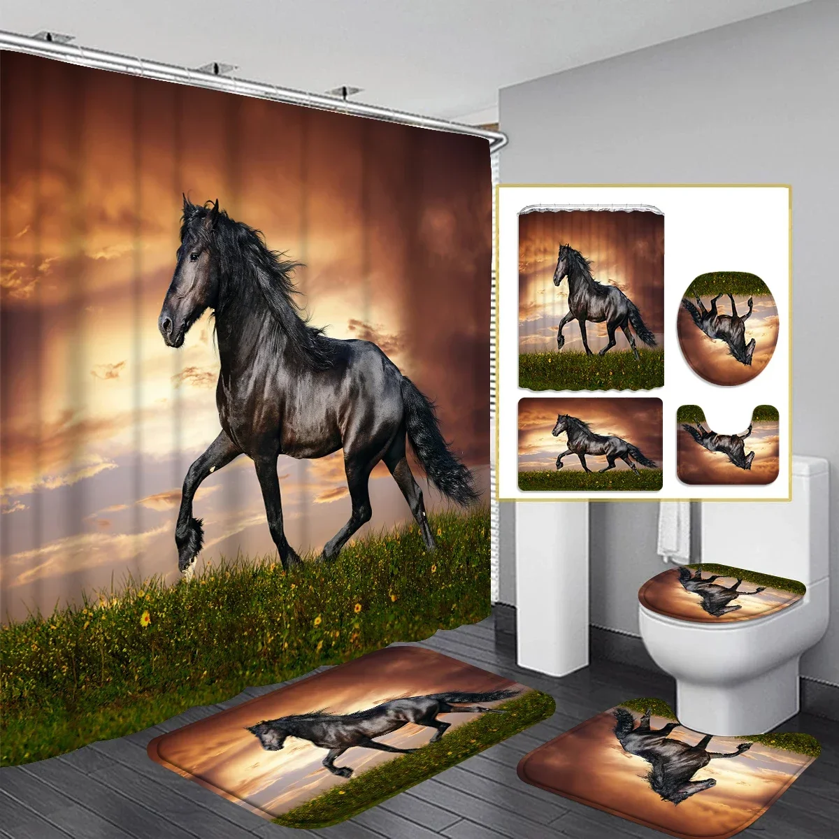 Farm Animal Horse, Waterproof Bathroom Partition Curtain with Hooks, Non-slip Bathroom Mat, U-Shaped Mat, Toilet Seat Cover