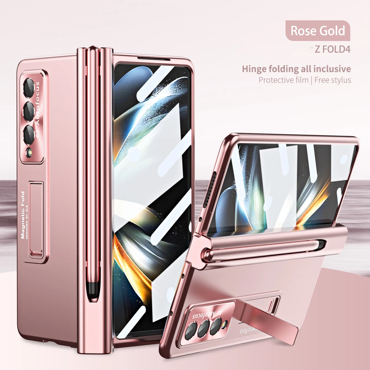 Plating Clear Hinge Magnetic Case For Samsung Galaxy Z Fold 4 5 with Pen Holder Full Screen Protector Phone Cover Fold 6 3 2 5G