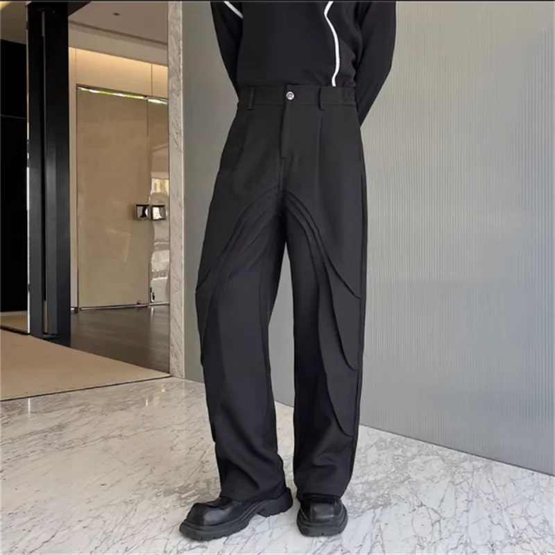 S-6XL!!2023 autumn suit pants men small many pleats deconstructed design sense Korean version of senior wide-leg pants