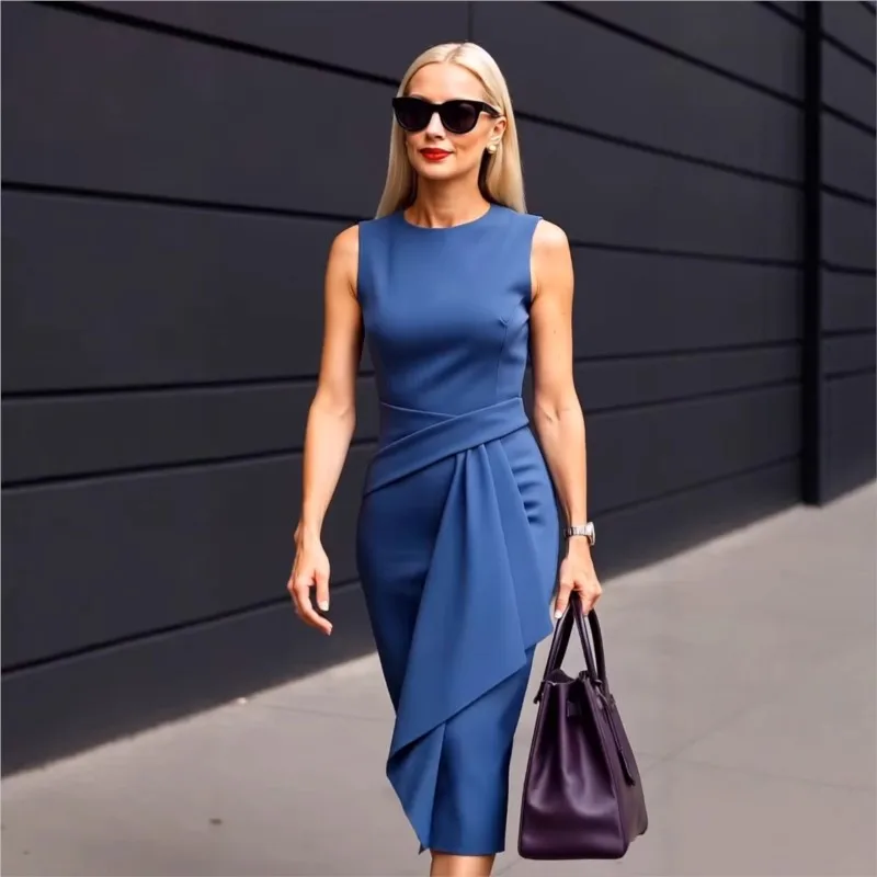 2025 Summer New Fashion Women's Dress Solid Color Waisted Sleeveless Asymmetrical Long Dresses Temperament Office Ladies Commute