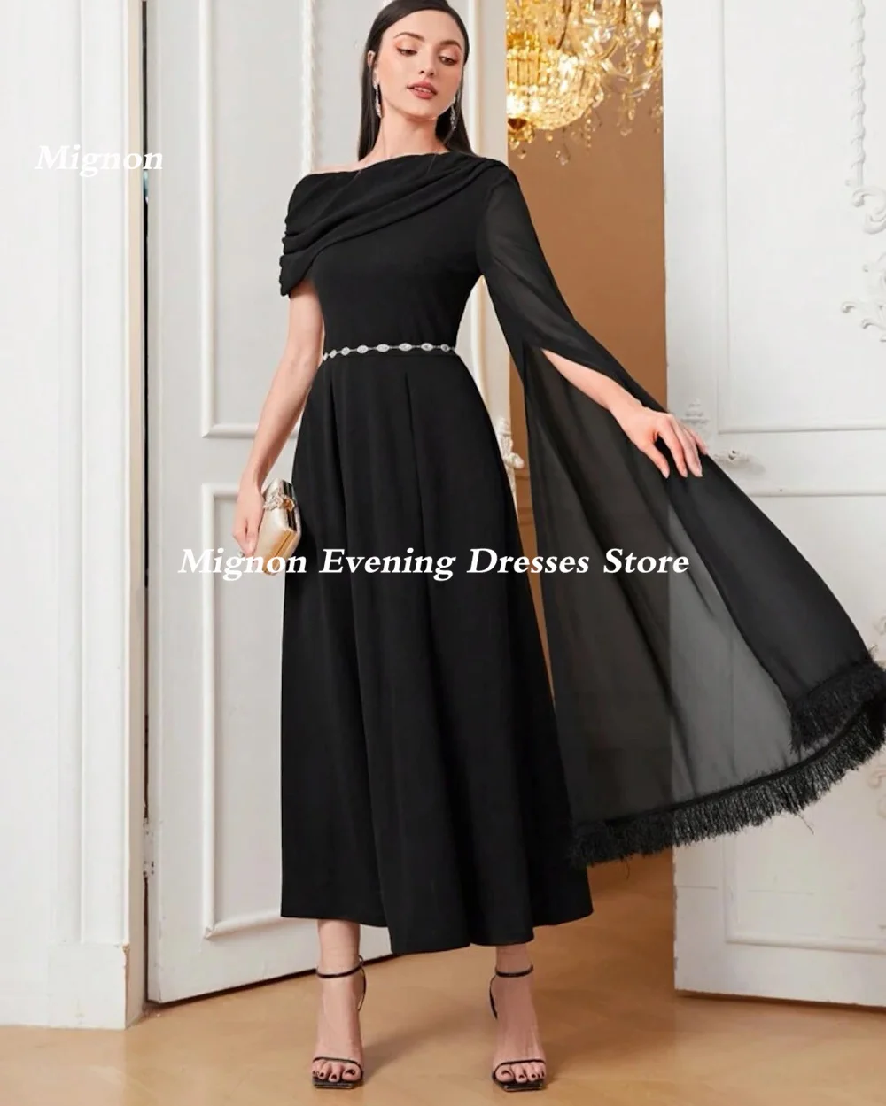 Mignon Satin A-line Square Neckline Prom Gown Ruffle Evening Tea-length Formal Cap Straps Elegant Party Dress for Women 2023