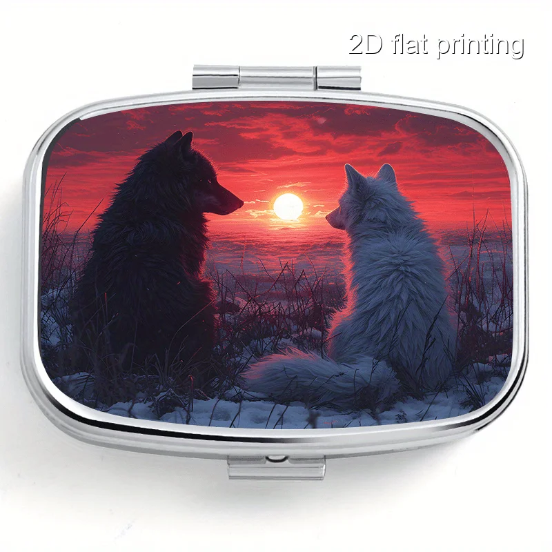 Single pack, flat wolf-pattern portable pill box - 2-compartment medicine organizer, suitable for travel and outdoor use, metal vitamin box with jewelry rack, moisture-proof, unique gift idea