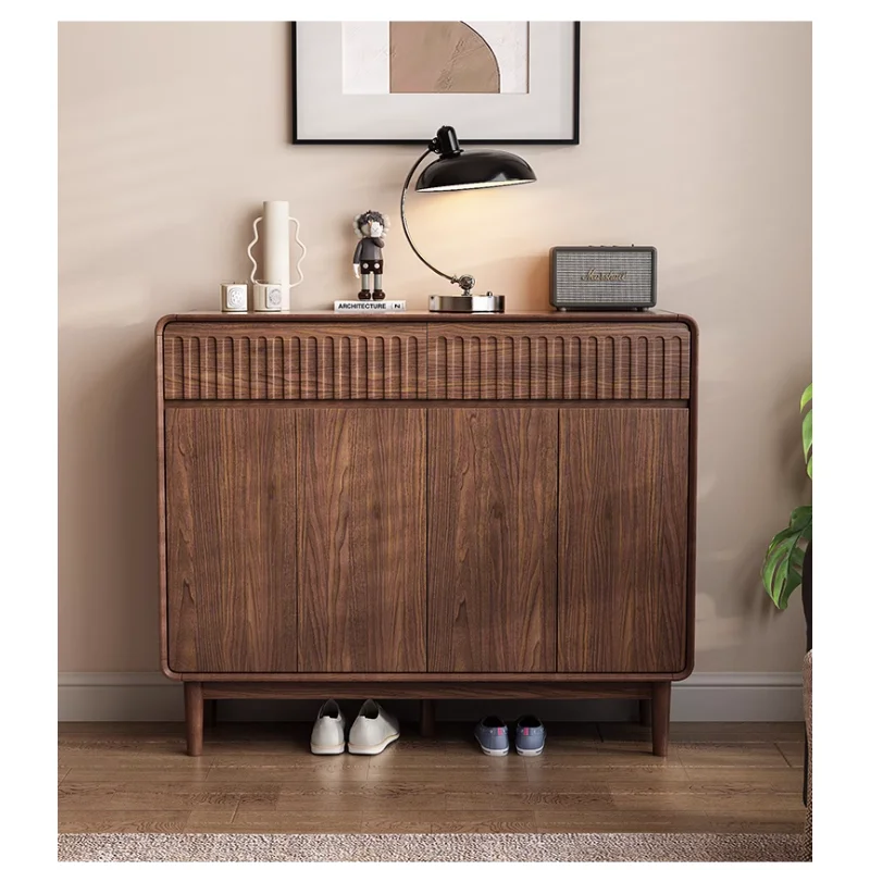 

Nordic solid wood shoe cabinet large capacity walnut retro entrance door integrated storage living room foyer cabinet