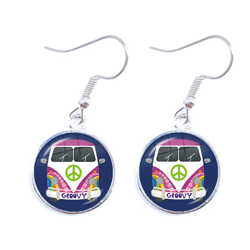 Vintage Blue-Red-Yellow Hippie Peace Van Bus Photo Drop Earrings Retro Beach Bus Car Collectors Bus Peace Sign Jewelry For Women
