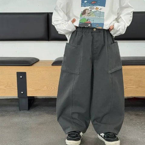 Boys Pants 2026 Autumn and Winter New Childrens Clothing Korean Style Boys and Girls Three-dimensional Pocket Piece Casual Pants