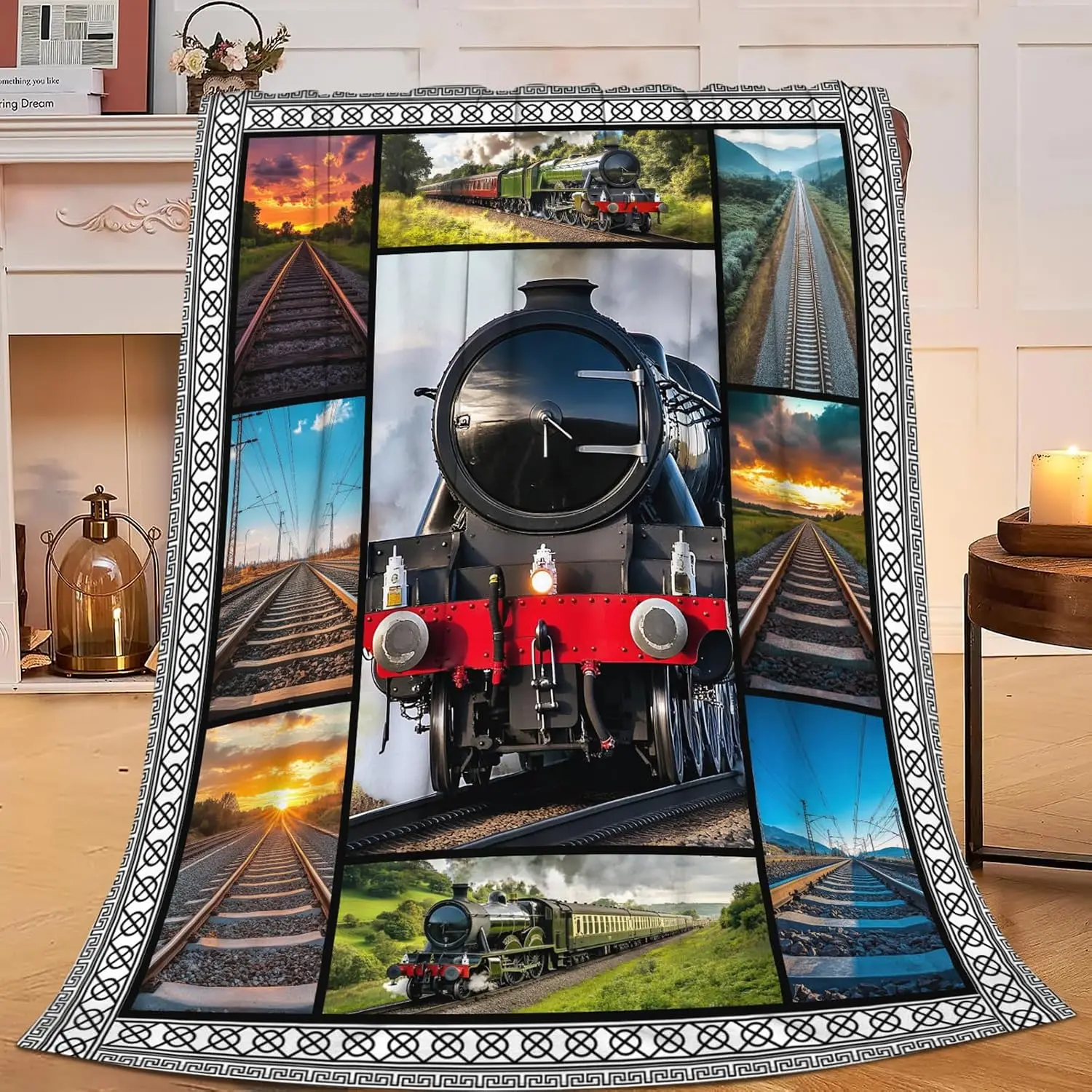 Rustic Train Blanket Throw Railway Steam Engine Railroad Photo Print Cozy Blanket Gift for Home Decor Couch Fan