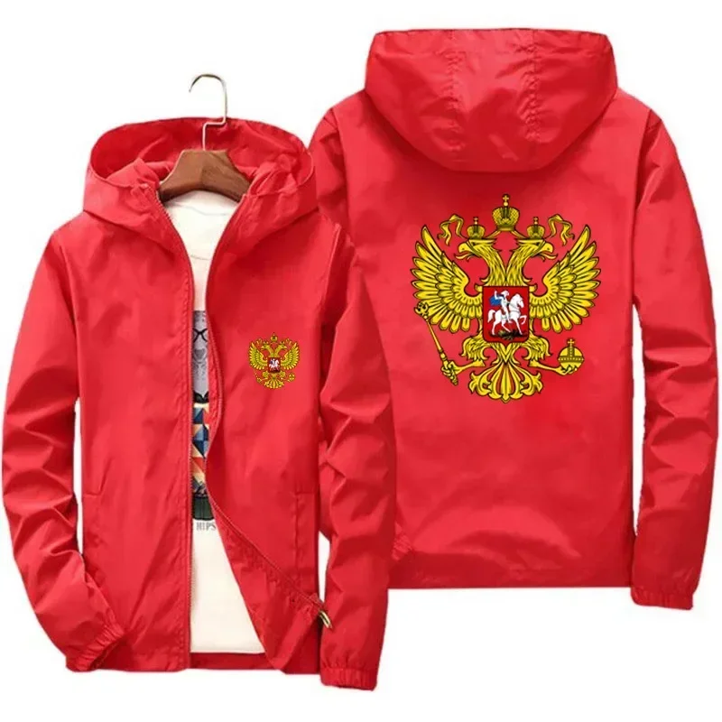 Men Coat Of Arms Of Russia Eagle Motorcycle Parkas Thin Windbreaker Windproof Bomber Zipper Hooded Jacket Plus Size New Overcoat