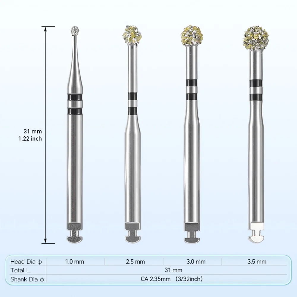 4PCS/Set Dental Degranulation Burs Kit Round Ball Cutter Bur Tissue Removal 1.0/ 2.5/ 3.0 3.5 Length 31mm CA2.35mm Lab Tool