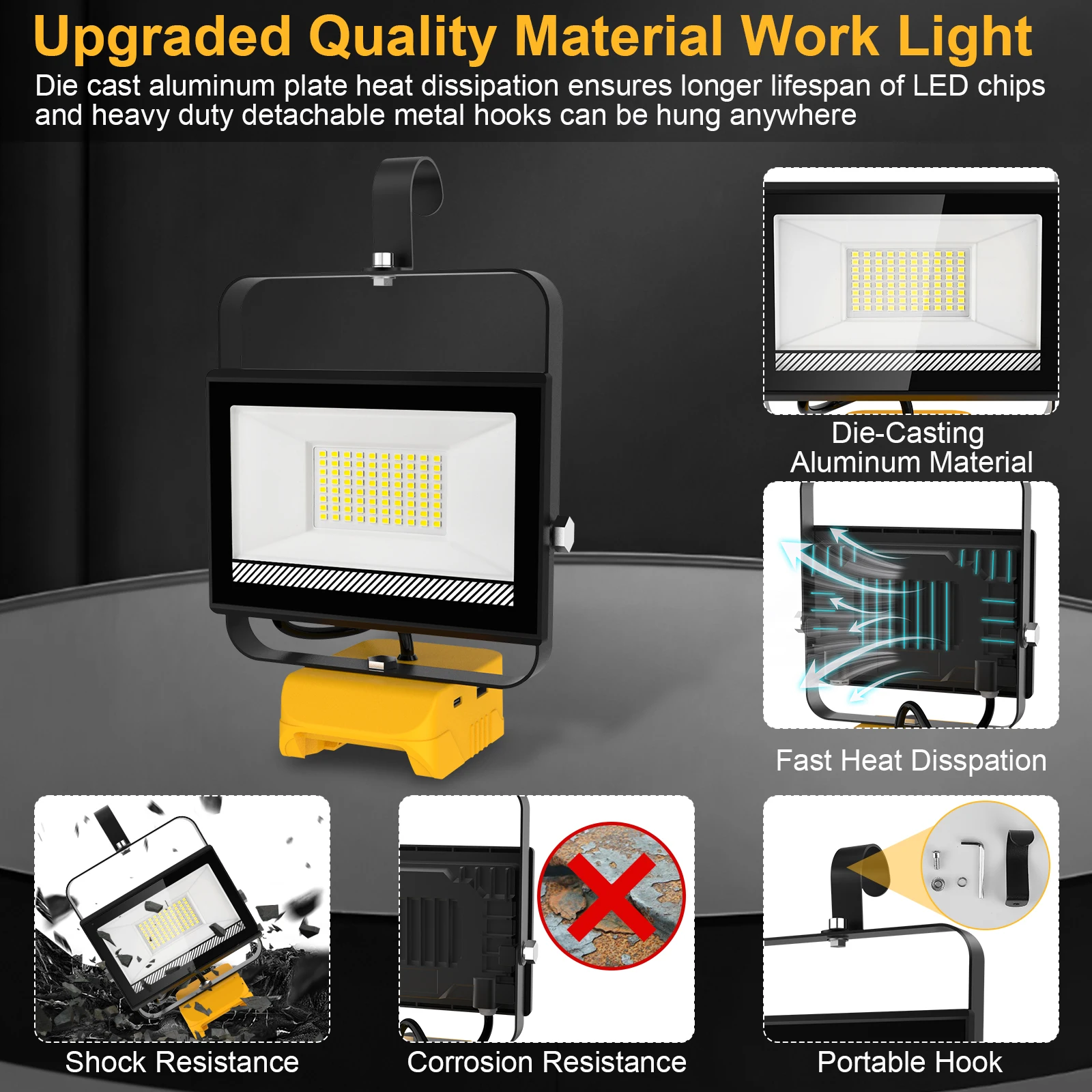 48W/60W/100W Portable LED Work Light Rechargeable LED Flood Light for Dewalt 18V-20V Li-ion Battery Cordless Work Light 6000k