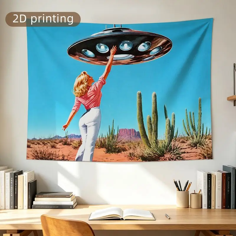 VIKAMA Vintage Pinup Girl UFO Tapestry Desert Retro Sci-Fi Wall Hanging Art for Bedroom Dorm Living Room Home Decoration