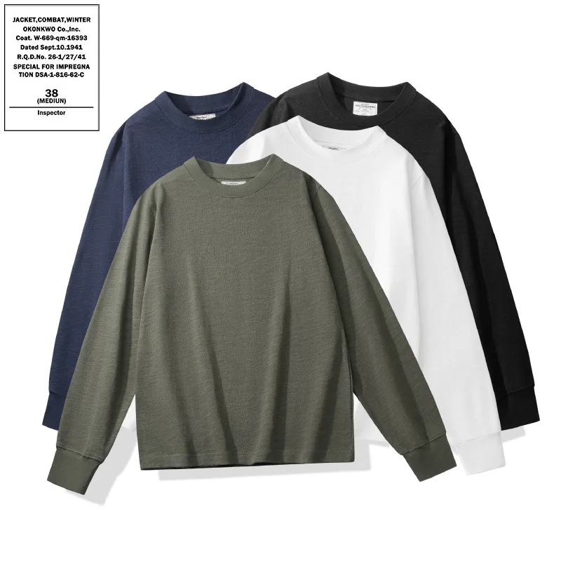 OKONKWO Basic 320g Heavy Duty Thick Solid Color Long Sleeve T-shirt Bamboo Cotton Sweaters Outdoor Fitness Sports Workwear Tees