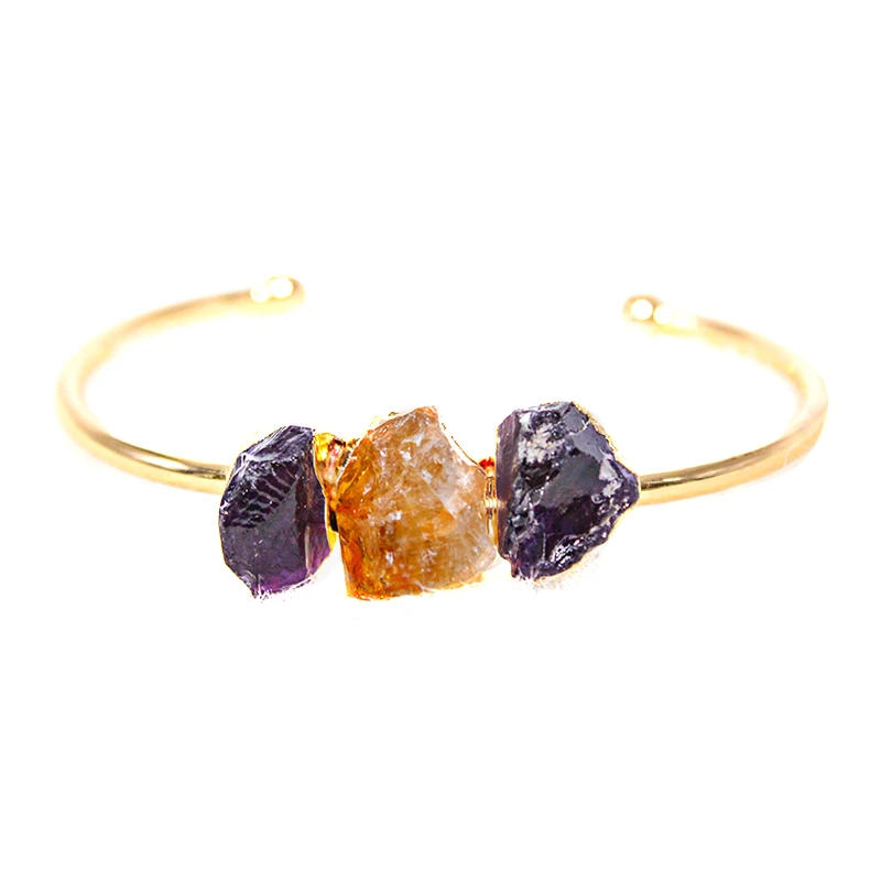 Raw Stone Bracelet for Women Irregular Amethyst Citrine Handmade Open Cuff Bangle Jewelry