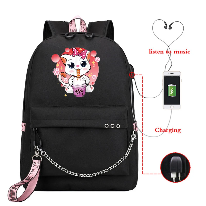 

Anime Kawaii Backpack Cat Boba Tea Bubble Tea Print Girls School Bag Travel Laptop Rucksack Usb Port Teen Girls School Backpack