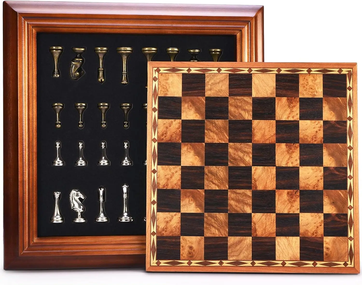 

14' Wooden Chess Set with Metal Pieces, 2.5' King, Storage & Instructions