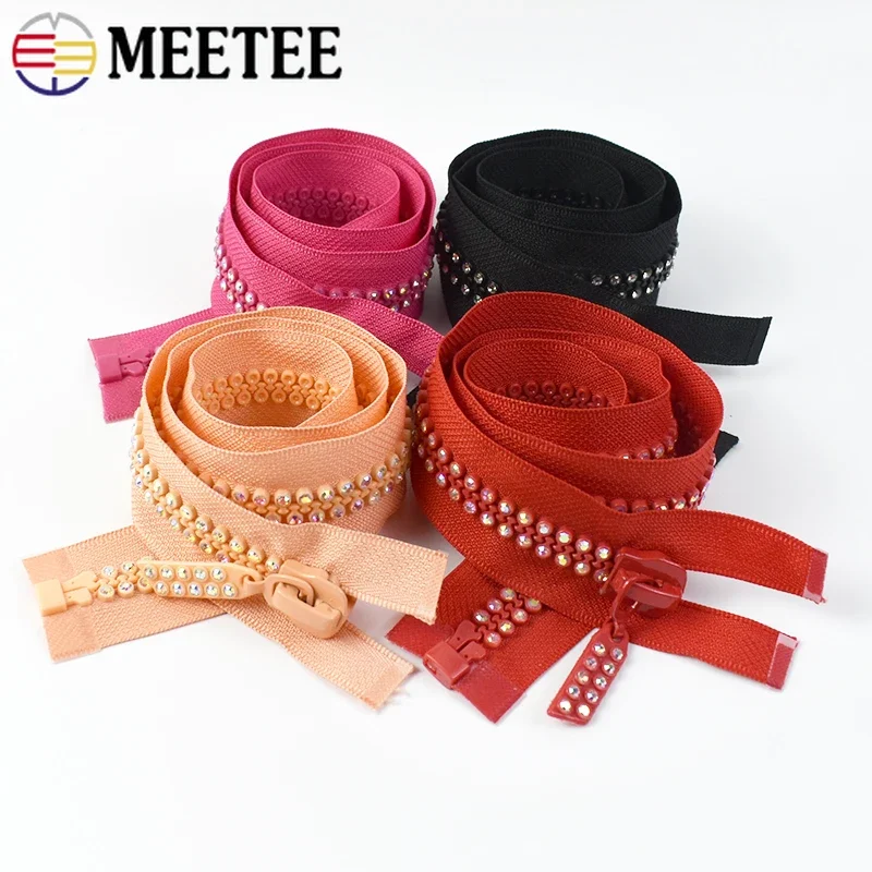 Meetee 1/2/5Pcs 60cm Rhinestone Resin Zipper Open-End Decor Zippers for Sewing Bag Clothes Jacket Garment DIY Repair Accessories