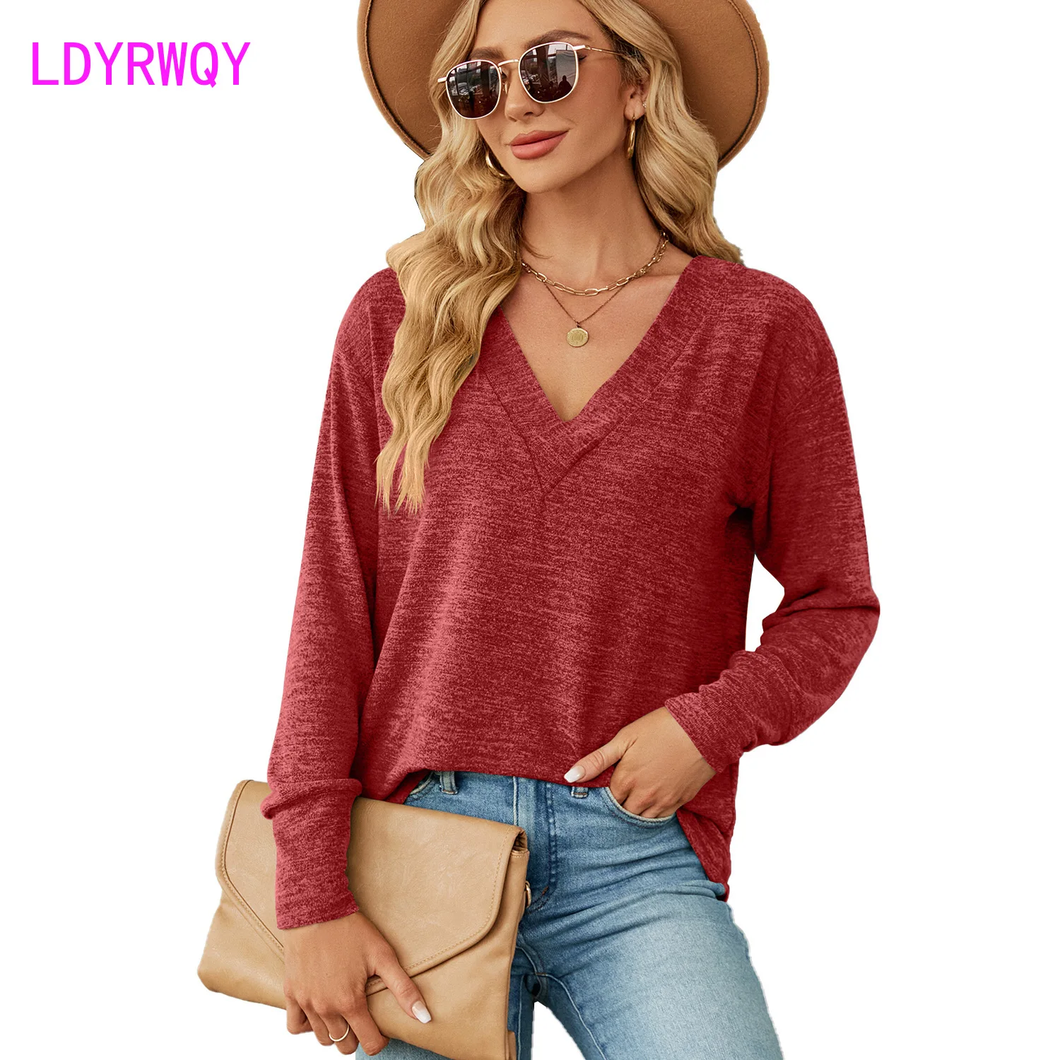 

Autumn and Winter New Solid V-Neck Loose Relaxed Long Sleeve T-shirt Top Women's Wear